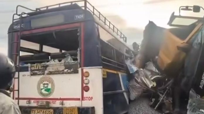 Accident scene of tipper lorry and TSRTC bus in Telangana