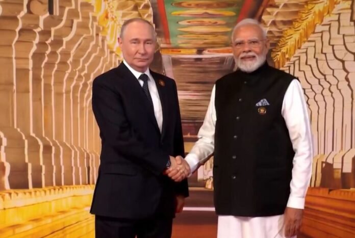 PM Modi welcomes Russian President Vladimir Putin at Bharat Mandapam